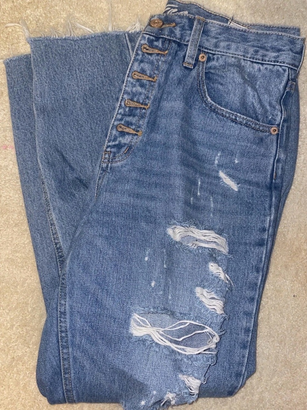 Free People Distressed Straight Leg Jeans in Medium Blue